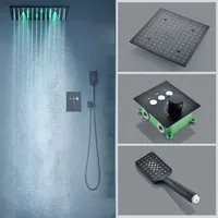 Łazienka Czarny Zestaw prysznicowy LED 16 cali / 20 cali Misty Opady Prysznic Przycisk Układu Termostatyczne Bateria Prysznicowe