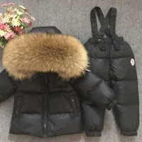 ロシアの冬の本物の毛皮の暖かい子供服セット女の子ダウンコート子供男の子ジャケット子供の雪のスーツの子供たち屋外のスキースーツ