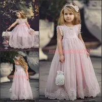 Principessa Pink Lace Girls Pageant Dress 2019 A-Line Tulle Cheap Girl Comunione Dress bambini partito formale usura Flower Girls Dresses for Girl
