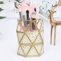 [Ddisplay] Złoty Geometryczne Szkło Biżuteria Jar Pióro Pędzel Przechowywanie Narzędzia Do Makijażu Display Light Luksusowy Moda Szklana Bucket