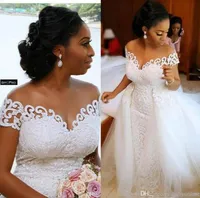 2020 impresionantes vestidos de novia de sirena nigeriana africana con tren desmontable Encaje completo aplique de encaje completo de hombro manga corta vestidos nupciales