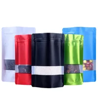 100 pcs 4 cores armazenamento alimentar em pé sacos de embalagem com janela clara transparente embalagem de café dianteiro stand up saco no pacote de presente fosco doypack