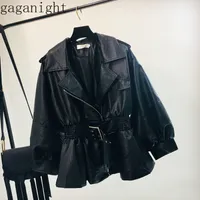 Gaganight Autumn PU Leather Jacket Women Fashion Black Motorcycle Coat Ruched Sash Faux Leather Soft Jacket Girls Chaqueta Mujer