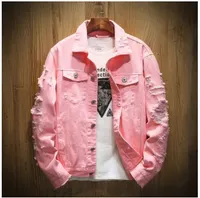 Denim Jacket Men Ripped Holes Mens Pink Jean Jackets New Garment Washed Mens Denim Coat Designer Clothes