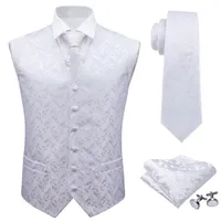 Barry.Wang Mens Classic White Floral Jacquard Silk Waistcoat Västar Handkerchief Party Wedding Tie Vest Suit Pocket Square Set CX200623