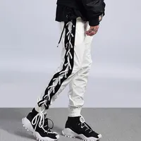 Side Cross Lace Up Strings Calças Basculador Men preto e branco calças de trilha com painéis