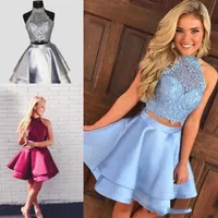 Simple Two Piece Short Homecoming dreses With Halter Lace Satin Ruffle Sexy Halter Short Prom Cocktail Party Dreses cheap