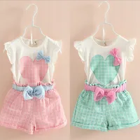 Kids Clothes Sets Girls Plaid Heart T Shirts Bow Shorts 2PCS Set Sleeveless Children Outfits Summer Kids Clothing Wholesale DHW3161