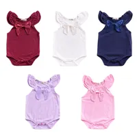 Baby Girls Brief Rompers 5 Colors Casual Flying Sleeve Cotton Bow Tie Lace Jumpsuit Single Breasted Kids Onesies Boys Outfits 0-3T