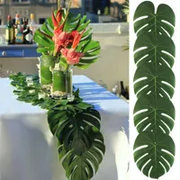 Vendita all'ingrosso-24pcs 35x29cm20x18cm foglie di palma tropicale artificiale foglie di simulazione a foglia di simulazione per Hawaiian Luau Party Jungle Beach tema a tema Home Decor