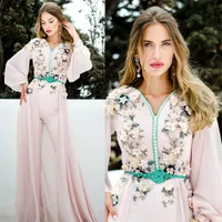 2020 Różowe kobiety kombinezony z długim pociągiem Prom Dresses V Neck 3D Kwiatowy Aplikacje Długie Rękaw Suknie Wieczorowe Arabskie Pant Suit Elie Saab