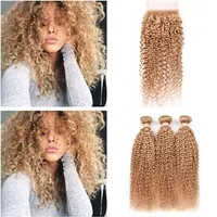 Kinky Curly #27 Honey Blonde Peruvian Virgin Human Hair Bundles with Closure Blonde Weaves Extensions with 4x4 Lace Front Closure 4Pcs Lot