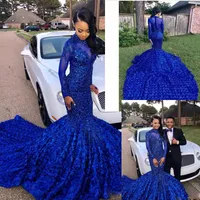 Royal Blue Evening Dresses 2019 New Dubai Arabski 3D-Flowers Prom Suknie Koronki Party Dress High Neck Koraliki Celebrity Dress