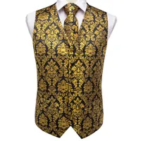 Fast Shipping Men&#039;s Classic Gold Floral Silk Jacquard Waistcoat Vest Tie Pocket Square Cufflinks Set Fashion Party Wedding MJ-0008