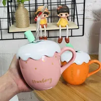 만화 사랑스러운 딸기 도자기 컵 3D 우유 물 커피 머그컵으로 커버 스푼 독창성 사무실 아침 식사 차 연인 유리