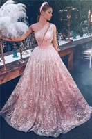2020 Bescheiden Blush Pink A-Line Prom Dress Plus Size One Shoulder Sequined Avondjurk Lange Formele Pageant Jurken
