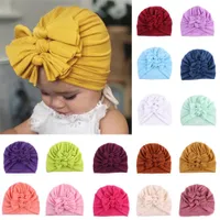 Büyük Dağınık Yaylar Kızlar Pamuk Şapka Bebes Üç Bow Şapka Yenidoğan Bebek Turban Düğümlü Headwrap Bebek Beanie Cap 21 Renkler Isınma