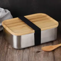 800ml Food Container Lunch Box com tampa de bambu de aço inoxidável Bento caixa de madeira Top 1 camada Food Kitchen Container fácil para Take KKA7844