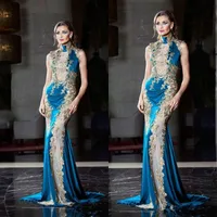 Elegante blauwe zeemeermin jurken avondkleding hoge nek met gouden pailletten kralen kant appliques Tony Chaaya Nieuwe 2019 Sheer Prom Party jurken lang