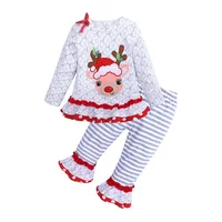 クリスマス子供赤ちゃん女の子セット服幼児長袖サンタディアドレス弓プリントトップスストライプパンツスーツ子供女の子衣装ブティック