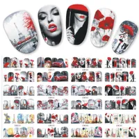 Nieuwe 12 stks / partij Water Nail Art Transfer Sticker Sexy Vrouw Zwart Red Charm Designs Decal Lady DIY Tools JIBN373-384