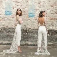 Vintage White Pant Evening Dresses with Overskirt Arabic Dubai Long Sleeve Open Back Ankle Length Jumpsuit Outfit Evening Gowns