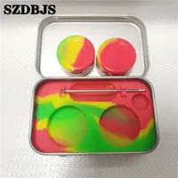 Silicone Kit Set With 1pcs Tin box 2pcs 5ml Silicone Dab Containers For Wax Dabs jars And Silver Dabber Tool USPS SHIP