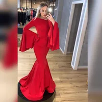 Modern Poeta mangas Red sereia de noite formal Vestidos Pescoço da colher Cetim Longo Prom vestidos 2020 Red Red Carpet Celebrity Dresses