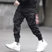 Hombres Cintas Color Bloque Black Pocket Pantalones de carga 2019 Harem Joggers Harajuku Sweetpant Hip Hop Pantalones Black Street Dance Pant