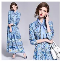 2020 nouveau manchon collier arc laçage femmes de conception à long imprimé floral bleu maxi taille haute longue robe M L XL XXL