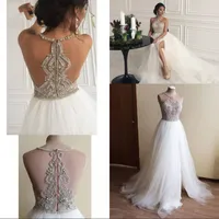 Dubai Beach Ärmlös Crystal Beaded Bröllopsklänningar Real Photos Halter Aline Tulle High Split Bridal Gowns Robe de Marie