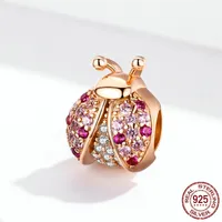 925 Sterling Silver Lovely Ladybug Charms Pink Crystal Insect Beads Colgante Fit Original Bracelets Collares Joyas de bricolaje Fino Regalo