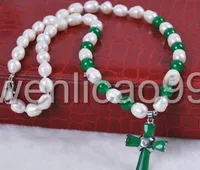 Arroz Blanco Akoya Agua Dulce Perlas Cultivadas / Verde Jade Cruz Colgante Collar