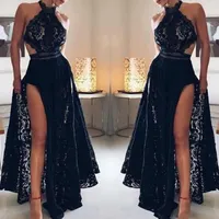 2021 Elegante Halter Neck Prom Kleider Sexy Black Lace Appliques High Side Split Evening Gowns Plus Size Custom Made Kostenloser Versand