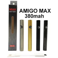 Amigo Max Vape Pen Battery 380MAH Аккумуляторные картриджи Расположенные нагревательные батареи Регулируемое напряжение с зарядным устройством USB 510 резьба E-сигарета Упаковочная коробка