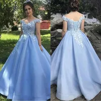 Fengycudress Light Blue Off 어깨 오프 A-Line Quinceanera Dresses Appliques 3D 꽃 민소매 주름진 달콤한 16 댄스 파티 가운