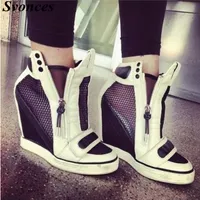 Hot Sale-Mesh Height Increasing Shoes Women Black-White Platform High Sneakers Zip Up Leather Women&#039;s Casual Shoes