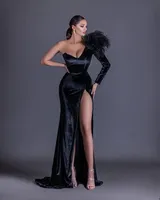 Sexy Black Mermaid Prom Dresses With Feather One Shoulder High Slit Velvet Evening Dress Custom Made Long Sleeve Formal Gowns259B