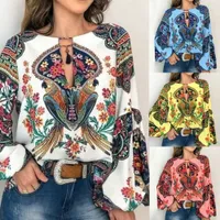 blouse for women work casual Floral V-Neck Long Lantern Sleeve Oversize Blouse T Shirt Tops S To 3XL blouses for women plus size