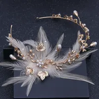 Barroco Vintage Gold Feather Crystal Pearl Headband Rhinestone Flower Piece Pieza Novia Hairbanda Boda Cabello Joyería Accesorios