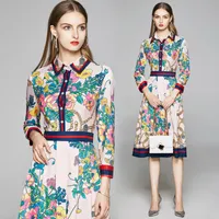 Spring Summer Fall Autumn Runway Vintage Floral Print Collar Long Sleeve Button Front Women Ladies Casual Party A-Line Midi Beach Dress