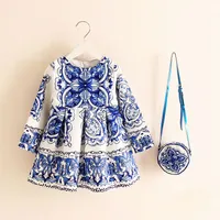 Long Sleeve Dress Girl Christmas Autumn Winter Floral Print Toddler Dresses Kids Clothes Children with Bag