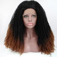 HotSelling Short Afro Kinky Curly Lace Front Pärlor Ombre Brown Färg Glödlös Natur African American Women Syntetiska peruker Naturlig hårlinje