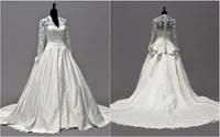 Vintage Kate Middleton Långärmade Fall Bröllopsklänningar A-Line V-Neck Ivory Taffeta Appliques Peplum Bridal Gowns Hot Custom Made