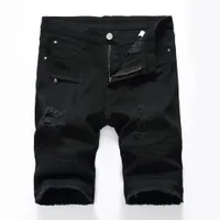 Män denim shorts knä längd smal passform stor storlek svart och vitt hål slitna biker korta jeans