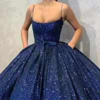 2020 glitzernde dunkelblaue Abendkleider lange Ballkleid Spaghettibügel bodenlangen Pailletten Abendkleid formale Party Kleider Vestidos