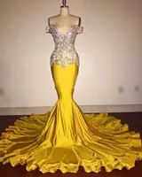 New Yellow Mermaid Prom Dresses 2020 Off the Shoulder Lace Applique Beaded Party Dress vestidos de fiesta largos Evening Dress