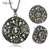 New look Necklace Stud Earring Jewelry Sets Black gold 2 tone plate Crystal Pearl stones Fashion Vintage Charming 2pcs Sets
