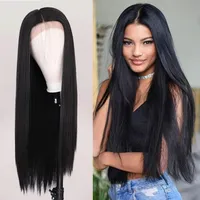 Натуральные шелковистые прямые синтетические кружева длинные полные парики высокотемпературные волокна кружева 10% человеческих волос кружева парик мода черные женщины