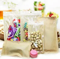 100pcs One Side Clear Kraft Paper Bag Snack Nuts Beans Packaging Paper Gift Pouch Flat Bottom Clear Window Ziplock Bag Pouches
